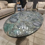 Oval Marble-Top Coffee Table with Sculpted Base and Natural Wood Veneer Detailing
